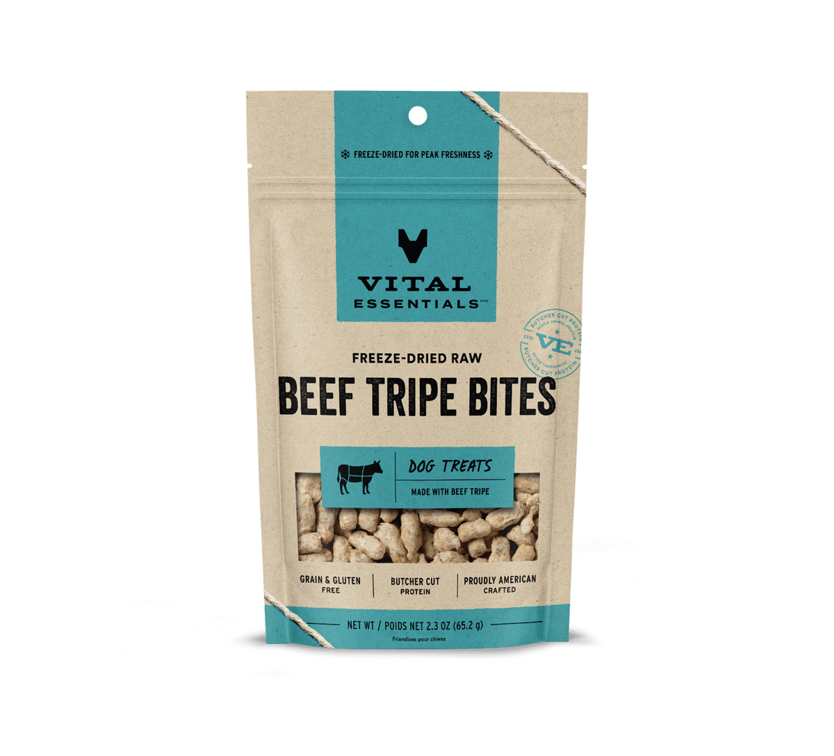 Vital Essentials freeze dried single protein beef tripe bites, a nutrient rich high value training treat that supports canine oral health
