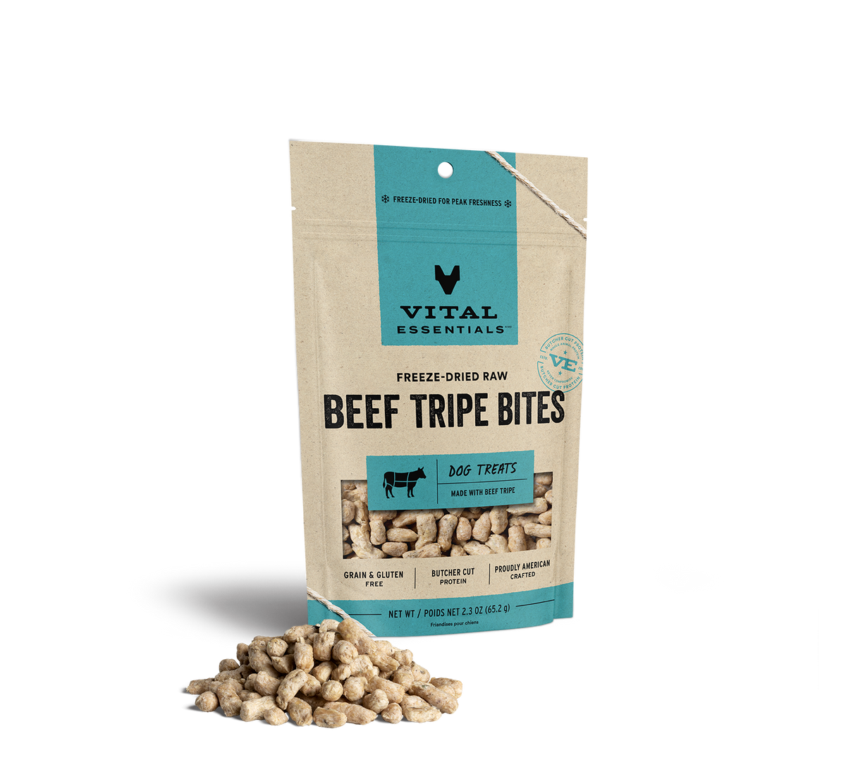 Vital Essentials freeze dried single protein beef tripe bites, a nutrient rich high value training treat that supports canine oral health