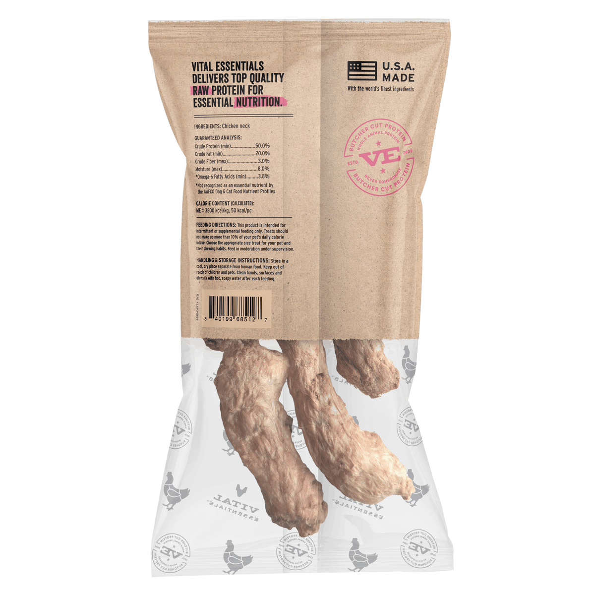 Vital Essentials freeze dried raw bar chicken necks, a single ingredient protein treat for dogs and cats