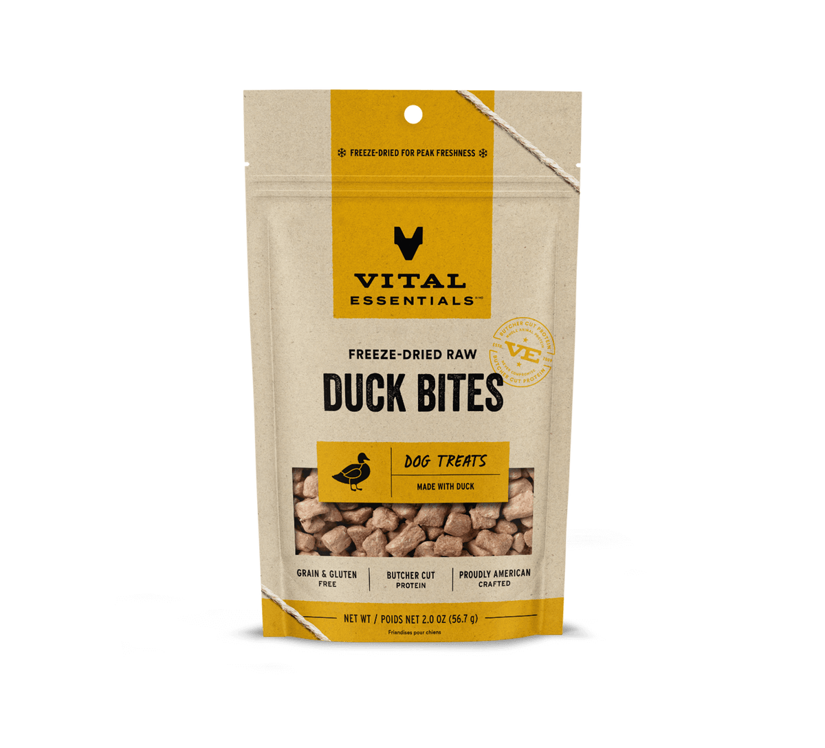 Vital Essentials freeze dried single protein duck bites, a nutrient rich high value training treat that supports canine oral health 2oz