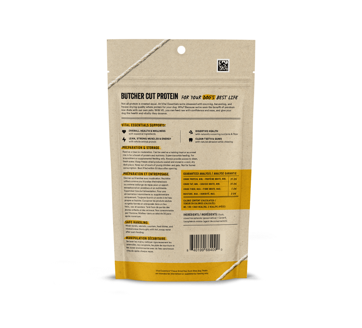 Vital Essentials freeze dried single protein duck bites, a nutrient rich high value training treat that supports canine oral health 2oz