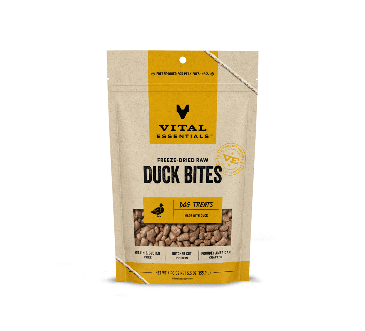 Vital Essentials freeze dried single protein duck bites, a nutrient rich high value training treat that supports canine oral health 5.5oz