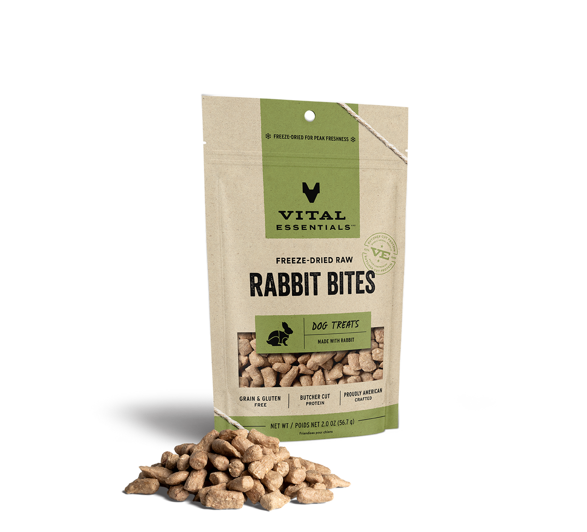 Vital Essentials freeze dried single protein rabbit bites, a nutrient rich high value training treat that supports canine oral health 2oz