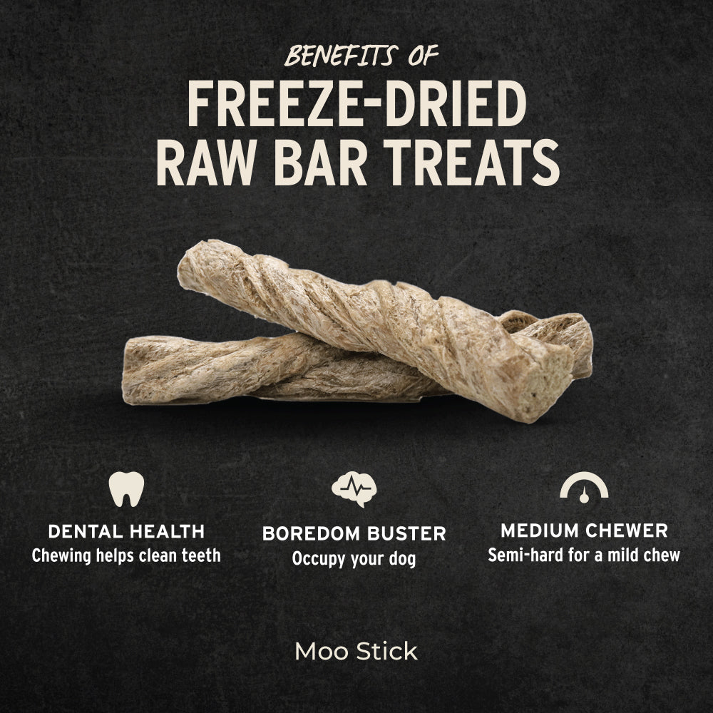 Vital Essentials freeze-dried raw bar moo stick dog snack for premium pet dental and muscle support.