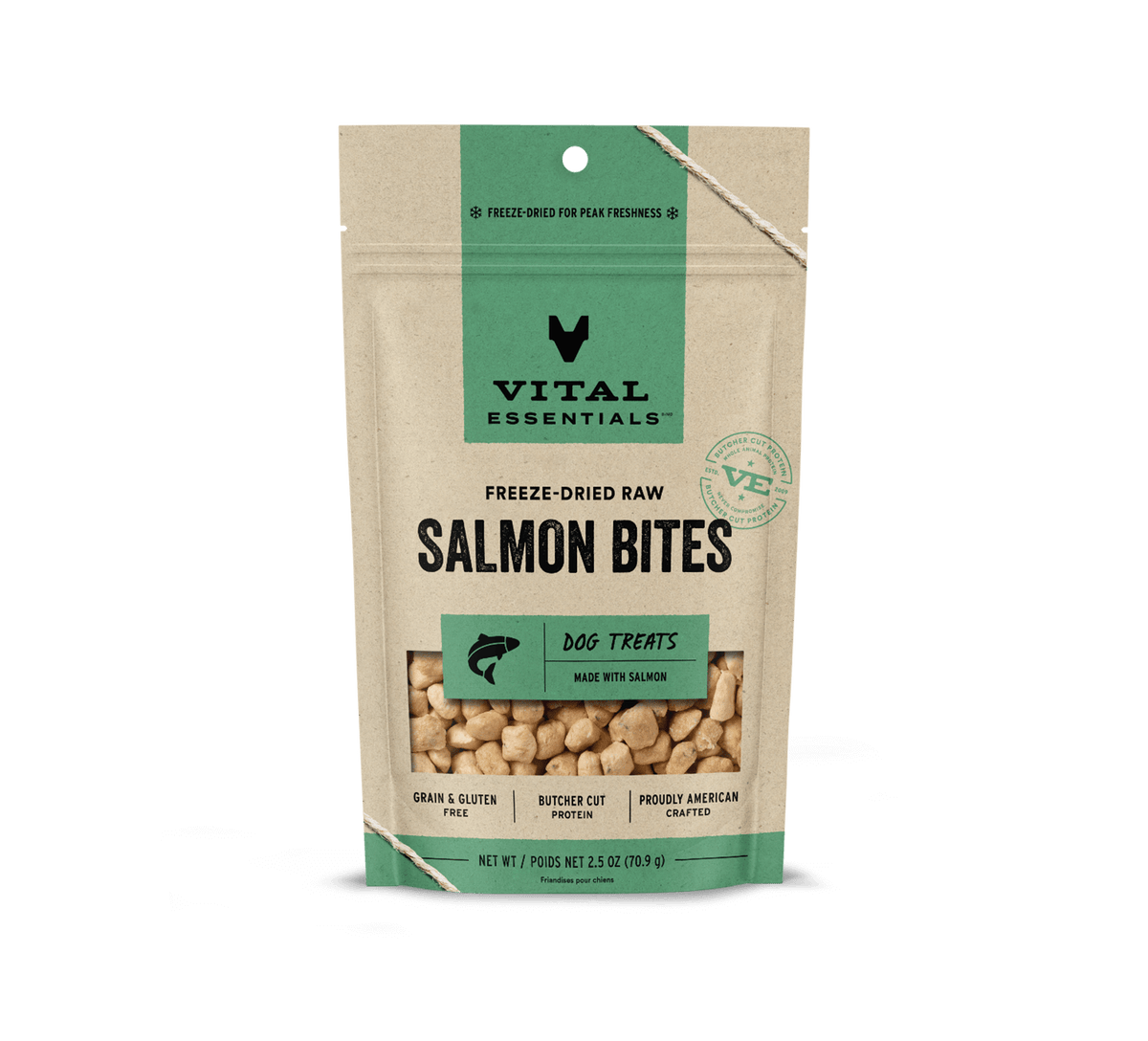 Vital Essentials freeze dried single protein salmon bites build strong muscles and support digestive wellness during active play 2.oz