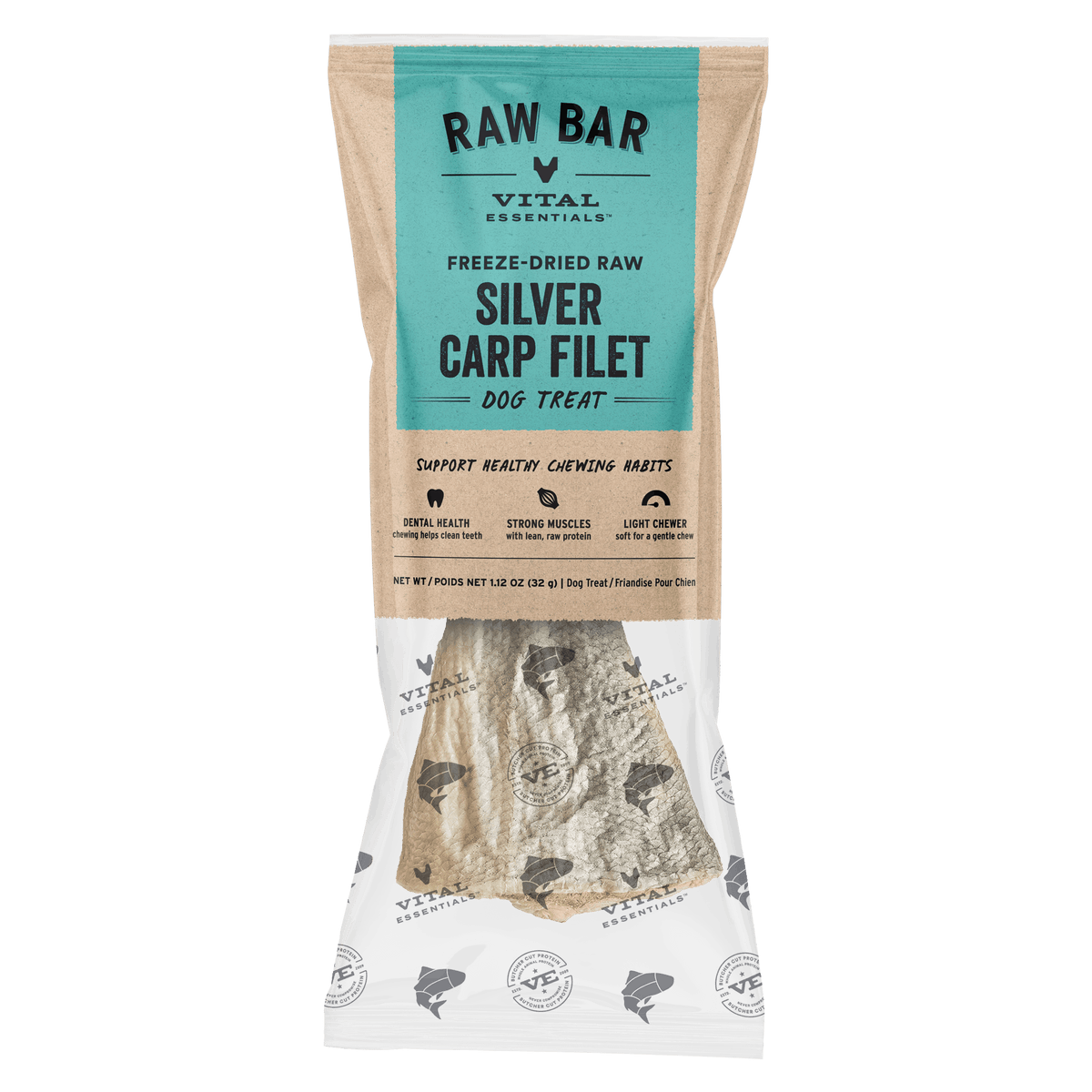 Vital Essentials grain free, single ingredient freeze dried raw silver carp fish treat for dogs, sourced responsibly to help restore balance to natural wild waterways.