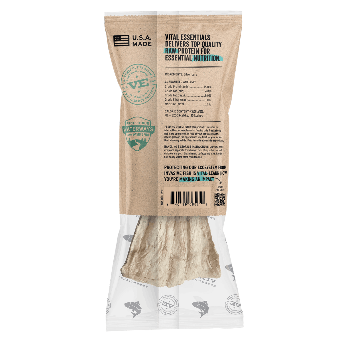 Vital Essentials grain free, single ingredient freeze dried raw silver carp fish treat for dogs, sourced responsibly to help restore balance to natural wild waterways.