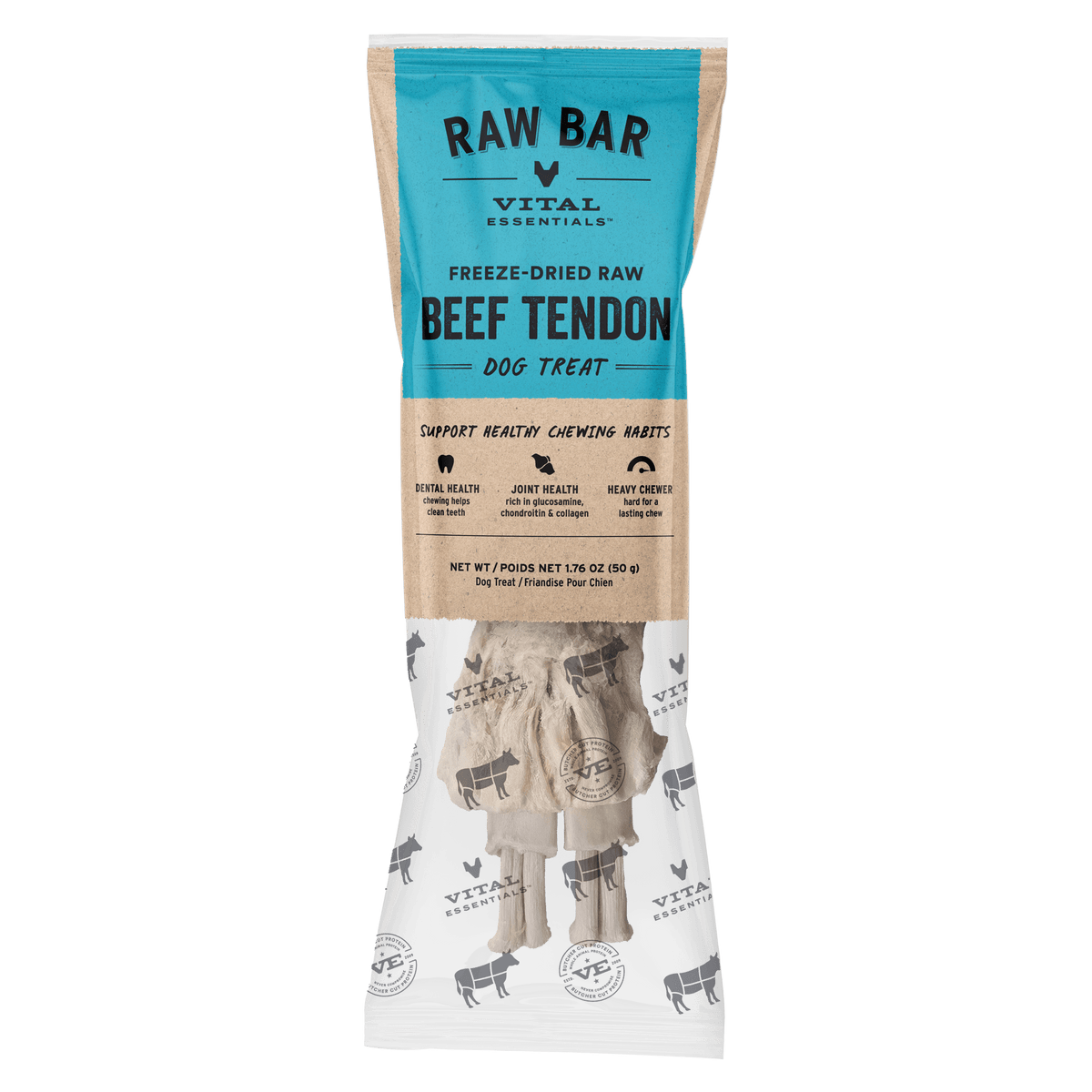 Vital Essentials glucosamine and collagen rich freeze dried raw bar 100% beef tendon dog treat.