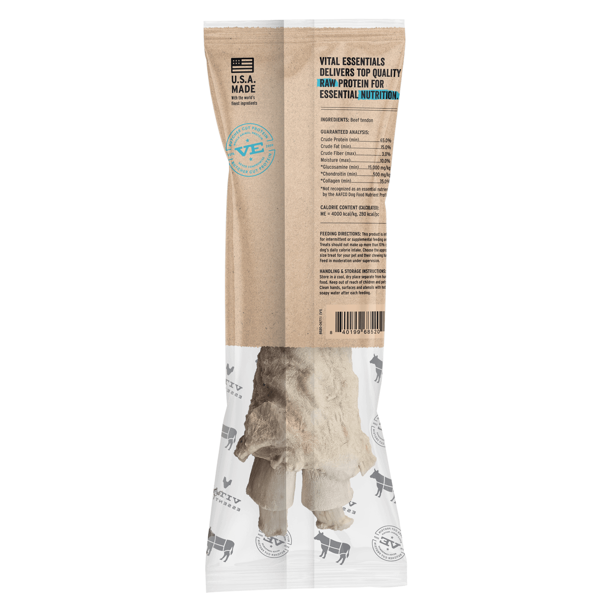 Vital Essentials glucosamine and collagen rich freeze dried raw bar 100% beef tendon dog treat.