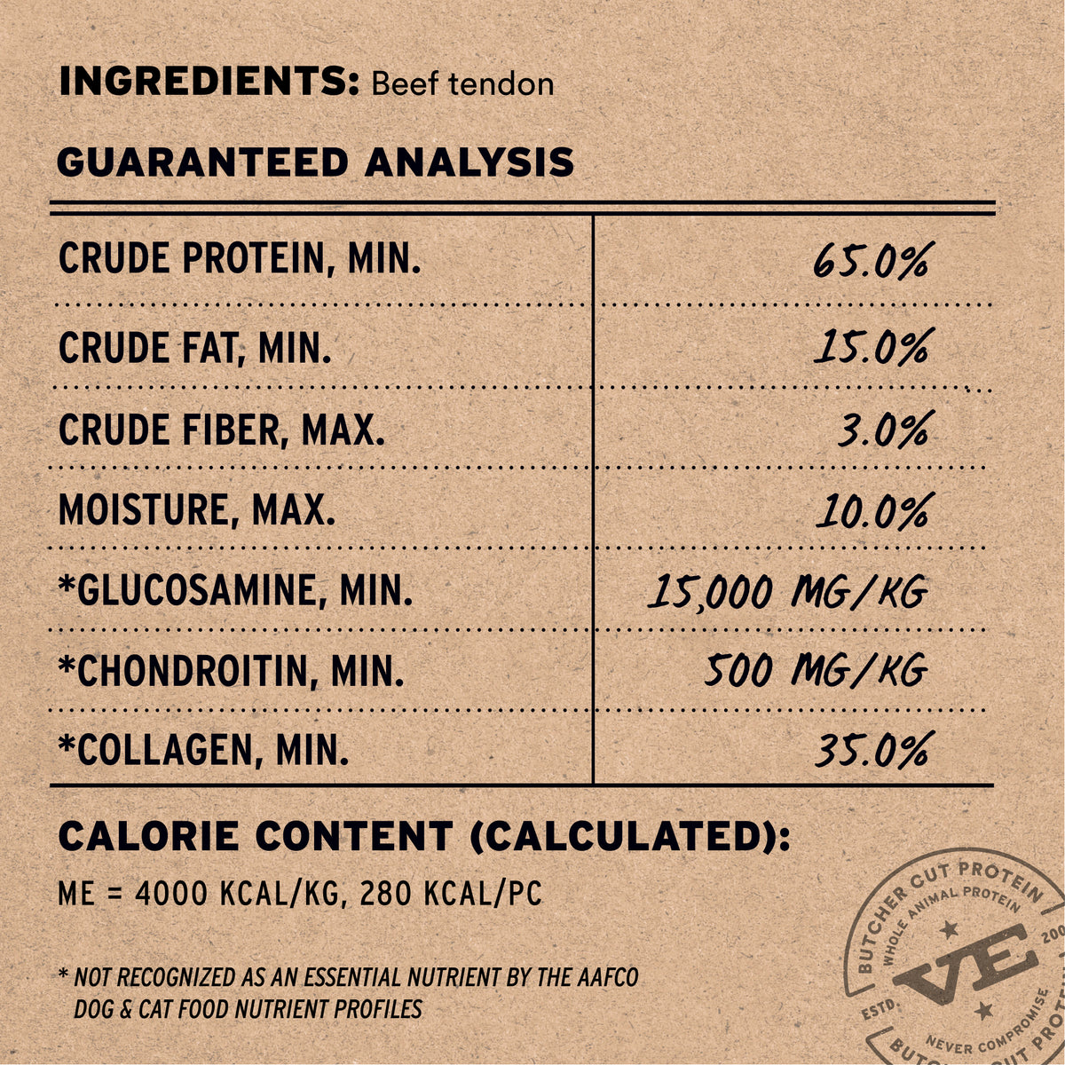 Vital Essentials glucosamine and collagen rich freeze dried raw bar 100% beef tendon dog treat.