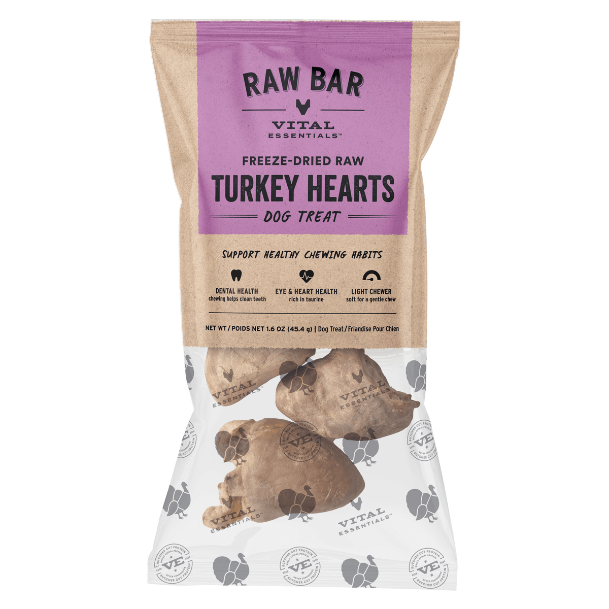 Vital Essentials freeze dried raw bar turkey hearts packaging, a taurine rich single ingredient organ treat for dogs