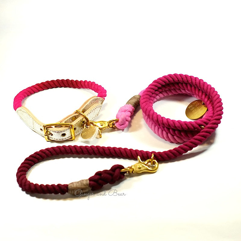 Rope and Leather Collar, Maroon Ombre with Metallic Leather