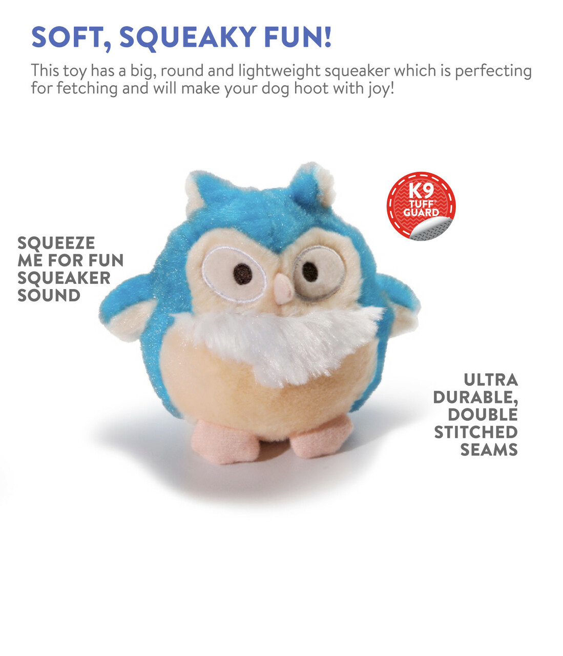 Howling Hoots Owl Dog Squeaky Plush Toy, Blue