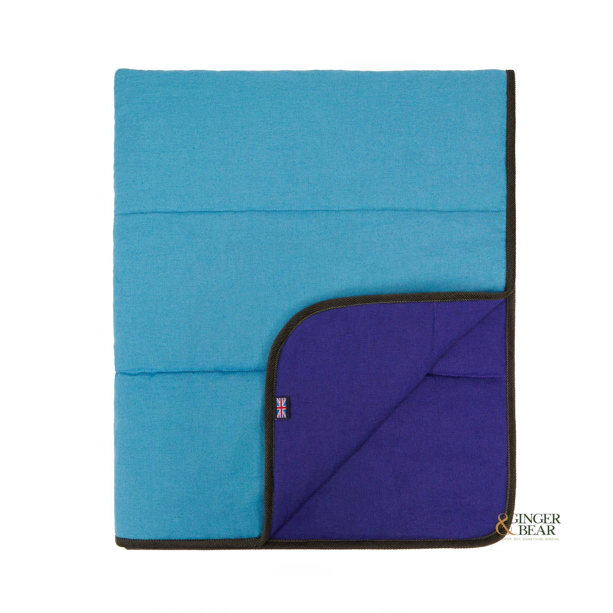 LISH Padbury Reversible Linen Dog Blanket, in Teal Blue and Blueberry Purple