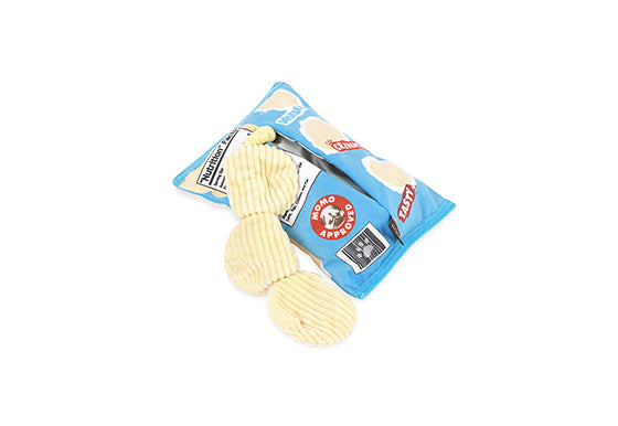 P.L.A.Y. Snack Attack Squeaky Plush Dog toys, Fluffles Chips