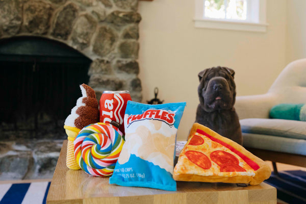 P.L.A.Y. Snack Attack Squeaky Plush Dog toys, Bundle