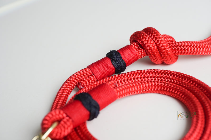 Rugged Hudson Dog Leash: Knotted Navy on Red rope