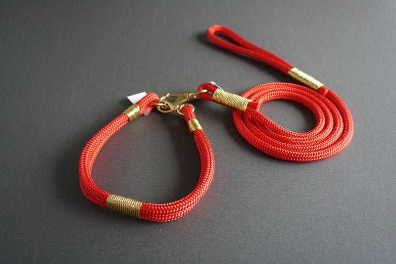 Rugged Wrist Dog Collar and Leash in Red and Gold Rope