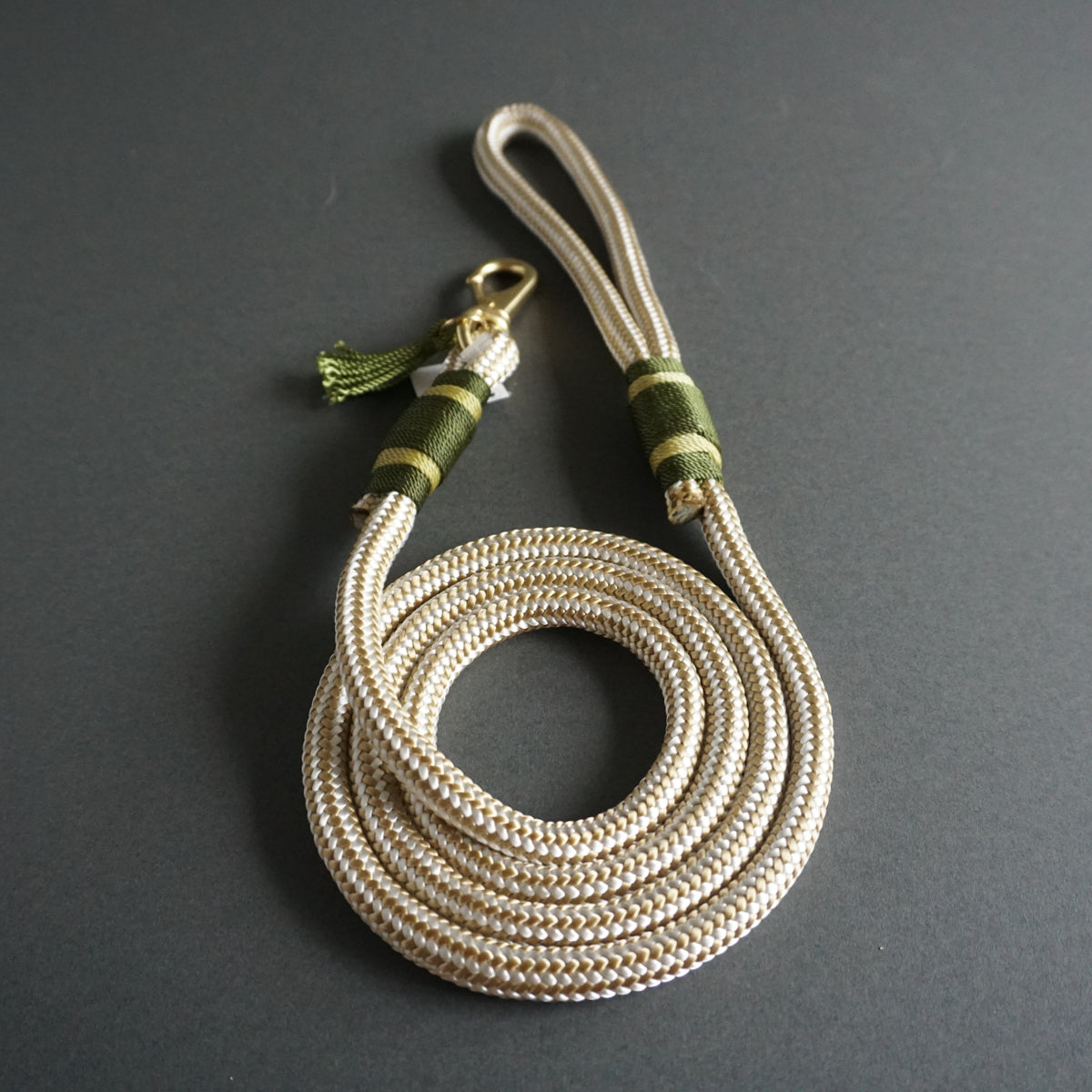 Rugged Wrist Dog Leash in Olive Green Rope with Tassle