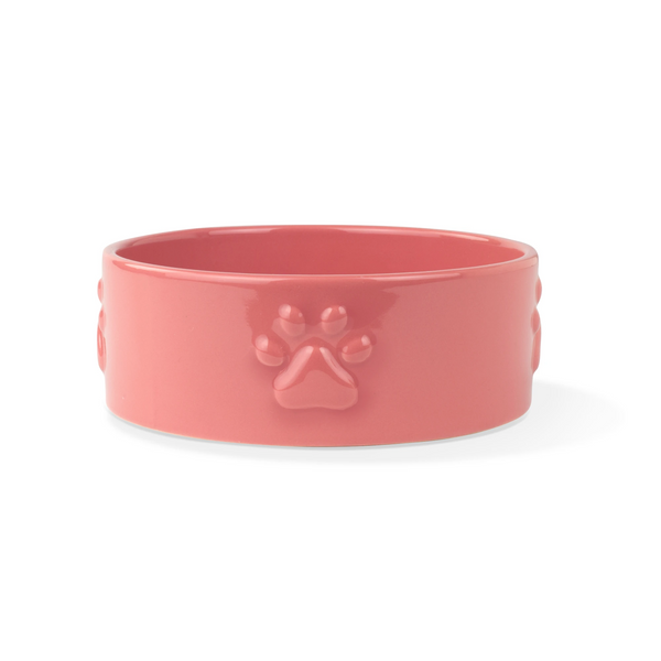 Sculpt Paw Ceramic Dog Food Water Bowl in Coral
