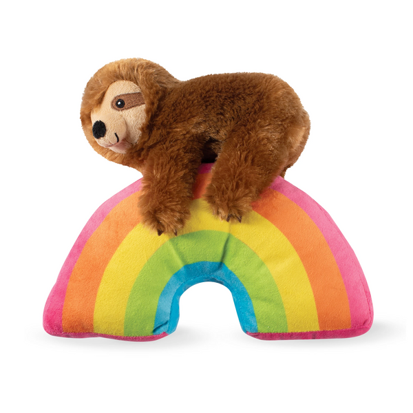 Ziggy Sloth on a Rainbow Dog Squeaky Plush toy